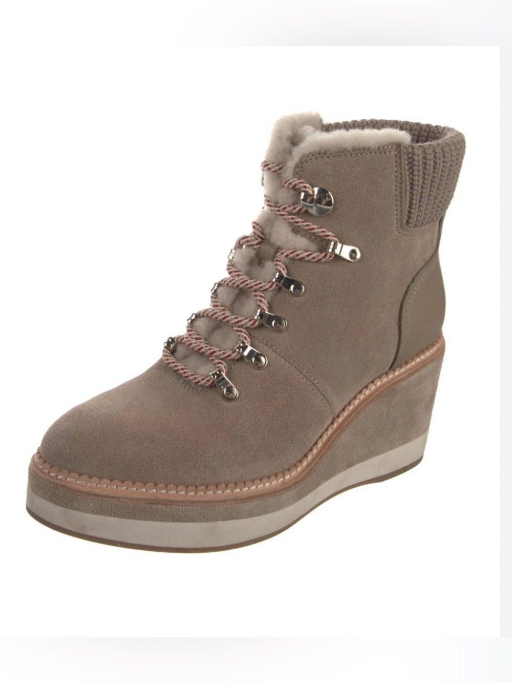 Kate Spade Willow Wedge Booties Taupe Suede Wedge with Shearling Trim